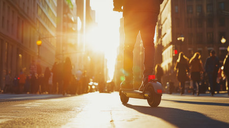 A vibrant urban sunset captures a person riding an electric scooter in a busy city street. The glowing sunlight creates a dynamic atmosphere filled with pedestrians.の素材