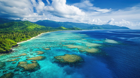 Aerial shot of the vibrant coral reefs surrounding the Mamanuca Islands, with turquoise waters stretching out to the horizon. No people included.の素材