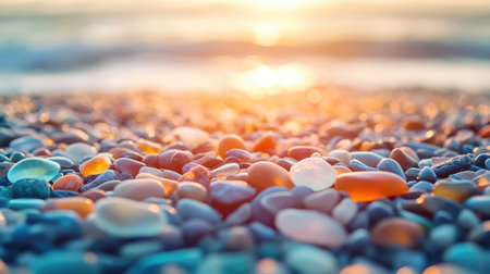 Close-up of multicolored sea glass pebbles covering the shore of Glass Beach, glowing under the bright afternoon sun. No people included.の素材