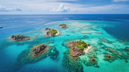 Aerial shot of the vibrant coral reefs surrounding the Mamanuca Islands, with turquoise waters stretching out to the horizon. No people included.の素材
