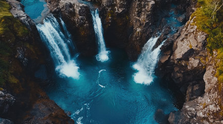 Aerial shot of the cascading waterfalls and vibrant blue Fairy Pools surrounded by the rugged beauty of the Isle of Skye. No people included.の素材