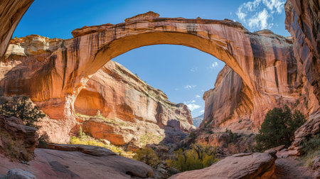 A view from below one of the Three Natural Bridges, highlighting the immense scale of the arches and surrounding cliffs. No people included.の素材