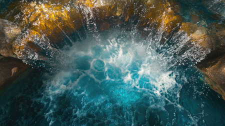 Close-up of a waterfall plunging into the Fairy Pools, showcasing the vibrant blue and green hues of the water. No people included.の素材