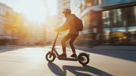 A young man rides an electric scooter through a sunlit city street, embodying the essence of modern urban life and promoting eco-friendly transportation choices.の素材