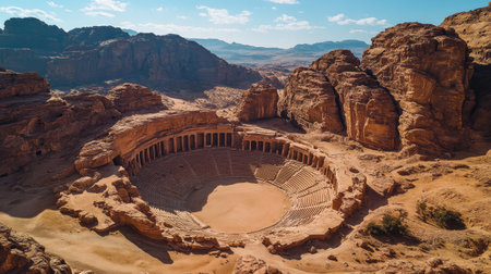 Aerial view of Petras ancient amphitheater, carved directly into the rock, surrounded by jagged cliffs. No people included.の素材