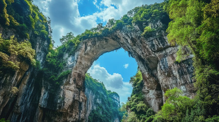 Close-up view of one of the massive limestone arches at Three Natural Bridges, China, with the surrounding greenery adding to the grandeur. No people included.の素材