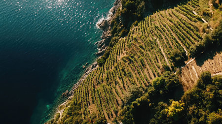 Aerial view of the steep, terraced landscape of Cinque Terre, with lush vineyards overlooking the shimmering Mediterranean. No people included.の素材