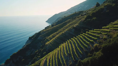 Aerial view of the steep, terraced landscape of Cinque Terre, with lush vineyards overlooking the shimmering Mediterranean. No people included.の素材