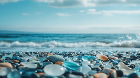 Close-up of a variety of sea glass pieces scattered across the beach, with the Pacific Ocean's blue waters gently touching the shore. No people included.の素材