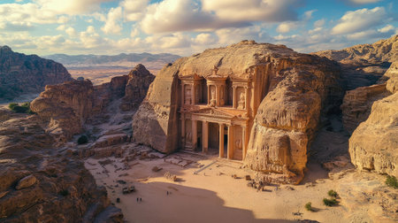 Aerial view of Petra ancient city, with temples and tombs carved into the rugged mountainside, surrounded by the Jordanian desert. No people included.の素材