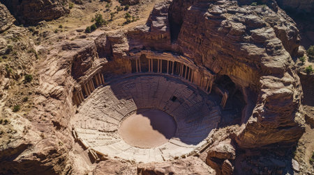 Aerial view of Petras ancient amphitheater, carved directly into the rock, surrounded by jagged cliffs. No people included.の素材