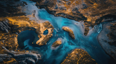 Aerial view of the winding streams feeding into the Fairy Pools, nestled among the rocky terrain of the Isle of Skye. No people included.の素材