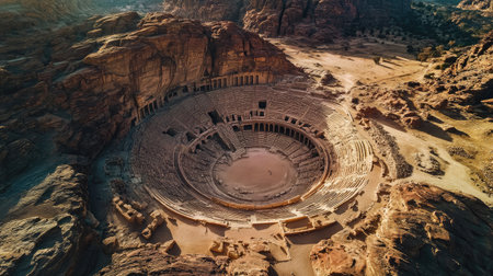 Aerial view of Petras ancient amphitheater, carved directly into the rock, surrounded by jagged cliffs. No people included.の素材