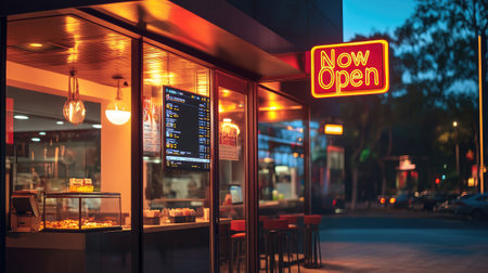 A vibrant fast food restaurant exterior showcases a neon "Now Open" sign with a menu board, inviting customers to enjoy delicious treats in a cozy urban setting at dusk.の素材
