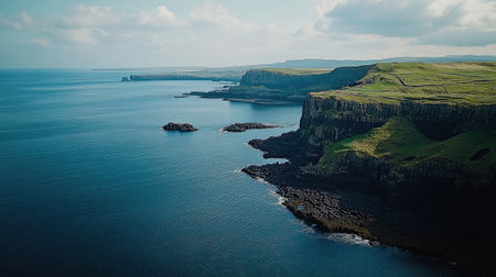 Aerial shot of the Giant's Causeway, with its distinctive rock formations and the rugged Northern Irish coastline in the distance. No people included.の素材