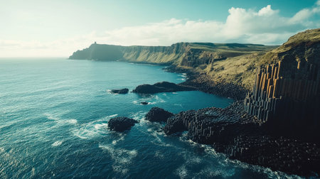 Aerial view of the Giant's Causeway's unique hexagonal basalt columns, stretching into the sea with dramatic cliffs in the background. No people included.の素材