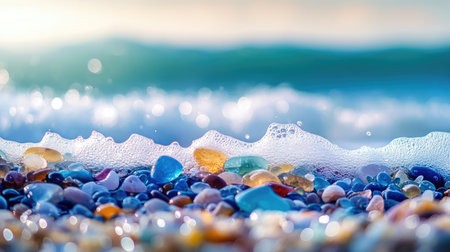 Close-up of colorful sea glass pebbles on Glass Beach, with the waves gently receding into the Pacific Ocean. No people included.の素材