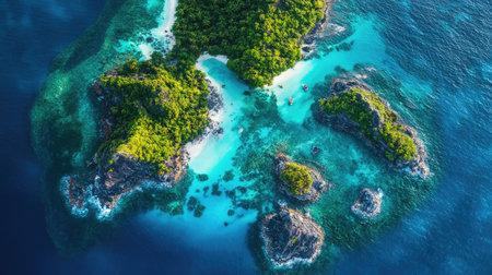 Aerial view of lush green tropical islands in the Mamanuca archipelago, surrounded by vibrant blue waters. No people included.の素材