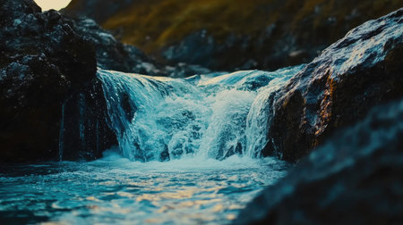 Close-up of a waterfall plunging into the Fairy Pools, showcasing the vibrant blue and green hues of the water. No people included.の素材