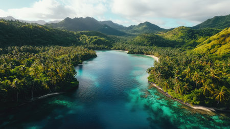 Aerial view of a tranquil lagoon in the Mamanuca Islands, surrounded by coral reefs and lush green palm trees. No people included.の素材