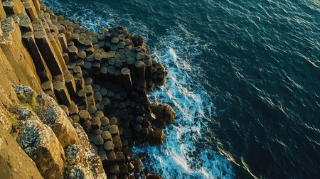 Aerial view of the Giant's Causeway's unique hexagonal basalt columns, stretching into the sea with dramatic cliffs in the background. No people included.の素材