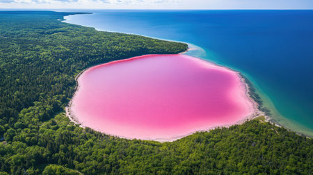 Aerial view of Hiller Lake, perfectly nestled between green forest and the bright blue ocean, showcasing its distinct pink color. No people included.の素材