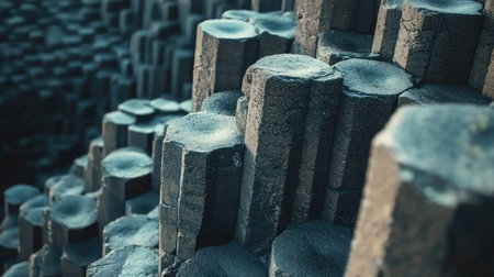 Close-up of the iconic Giant's Causeway rock formations, showcasing the geometric basalt columns against the rugged coastline. No people included.の素材