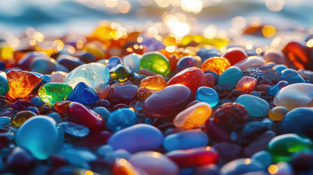 Close-up of the vibrant sea glass pebbles in various colors scattered across Glass Beach, glistening under the sunlight. No people included.の素材