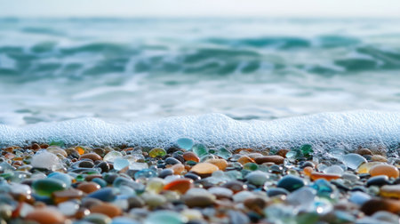 Close-up of colorful sea glass pebbles on Glass Beach, with the waves gently receding into the Pacific Ocean. No people included.の素材