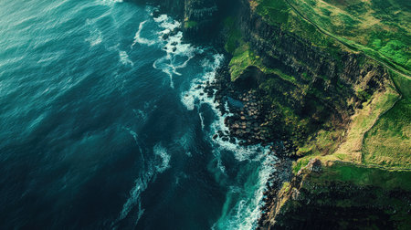 Aerial view of the dramatic landscape surrounding the Giant's Causeway, with green cliffs and the North Atlantic Ocean. No people included.の素材