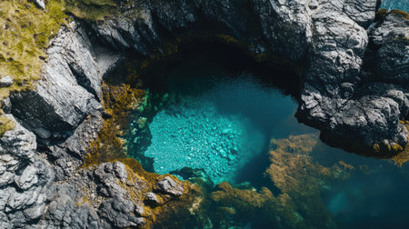 Aerial view of the crystal-clear Fairy Pools on the Isle of Skye, with the rugged Cuillin Mountains in the background. No people included.の素材