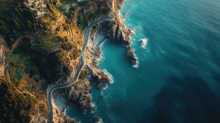 Aerial view of the winding coastal path connecting the Cinque Terre villages, with the cliffs dropping off into the blue sea. No people included.の素材