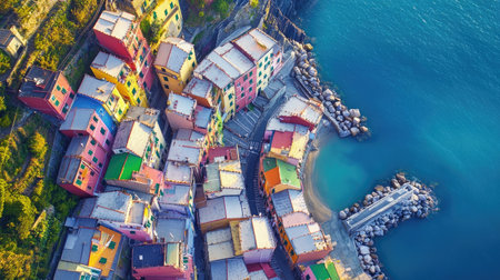 Aerial view of Riomaggiore, Cinque Terre, with its colorful houses cascading down the hillside towards the sea. No people included.の素材