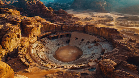 Aerial view of Petras ancient amphitheater, carved directly into the rock, surrounded by jagged cliffs. No people included.の素材