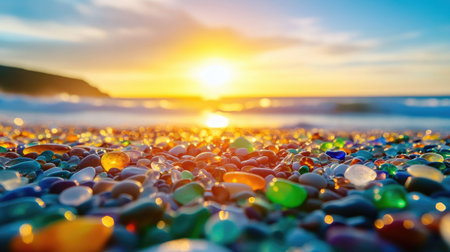 Close-up of multicolored sea glass pebbles covering the shore of Glass Beach, glowing under the bright afternoon sun. No people included.の素材