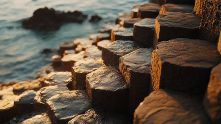 Close-up of the iconic Giant's Causeway rock formations, showcasing the geometric basalt columns against the rugged coastline. No people included.の素材
