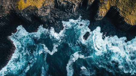 Aerial view of the Giant's Causeway coastline, with the unique basalt columns meeting the churning sea below. No people included.の素材