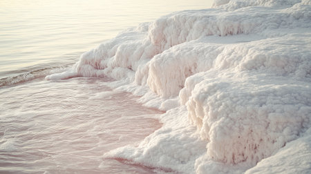Close-up of the salt-crusted shore of Hiller Lake, with the pink waters lapping against the white salt formations. No people included.の素材