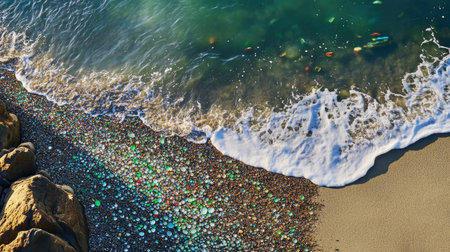 Aerial view of Glass Beach, California, with colorful sea glass covering the shoreline and waves gently washing over the coast. No people included.の素材