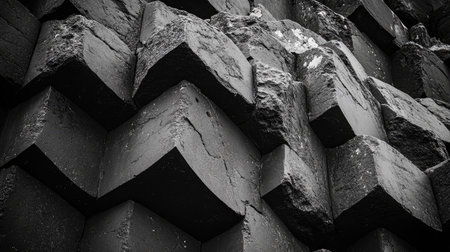 Close-up view of the geometric shapes of the basalt columns at the Giant's Causeway, with intricate patterns and textures. No people included.の素材