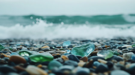 Close-up of green, blue, and brown sea glass pebbles scattered across Glass Beachs shore, with ocean waves softly crashing nearby. No people included.の素材