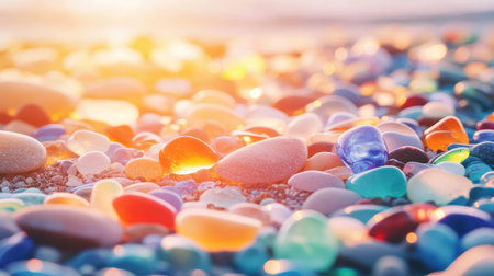 Close-up of the vibrant sea glass pebbles in various colors scattered across Glass Beach, glistening under the sunlight. No people included.の素材