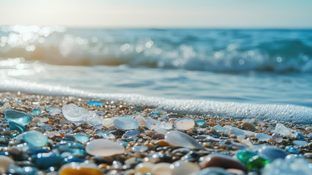 Close-up of a variety of sea glass pieces scattered across the beach, with the Pacific Ocean's blue waters gently touching the shore. No people included.の素材