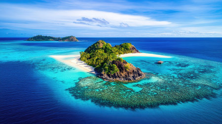 Aerial view of the stunning Mamanuca Islands, Fiji, surrounded by crystal-clear turquoise waters and vibrant coral reefs. No people included.の素材