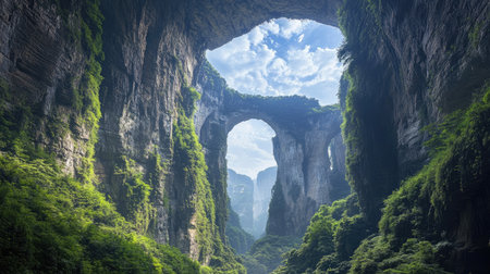 Dramatic landscape of the Three Natural Bridges, China, viewed from the bottom of the gorge, with towering arches overhead and greenery surrounding. No people included.の素材