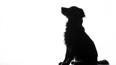 A sitting dog in black silhouette, poised against a pristine white background, creating a visually striking contrast.の素材