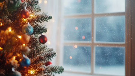 Festive tree in front of a snowy window, adorned with colorful decorations, leaving space for holiday text on the right.の素材