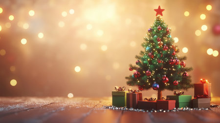 Festive tree with colorful lights and ornaments, surrounded by gift boxes, with ample room for text on a warm, blurred background.の素材