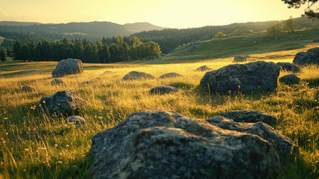 A serene landscape captures the beauty of nature with sunlight illuminating a rocky meadow, creating a peaceful atmosphere surrounded by lush greenery and distant hills.の素材