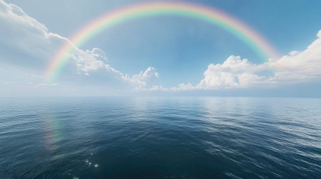 A stunning image of a clear ocean surface reflecting a vibrant rainbow under a bright sky, with soft clouds creating a serene atmosphere, perfect for relaxation and nature appreciation.の素材